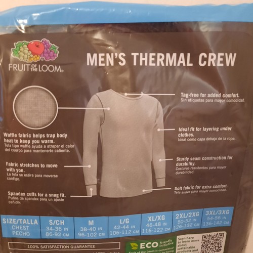 Fruit Of The Loom Mens Black Long Sleeve Thermal Crew Shirt Sz Medium - Picture 5 of 6