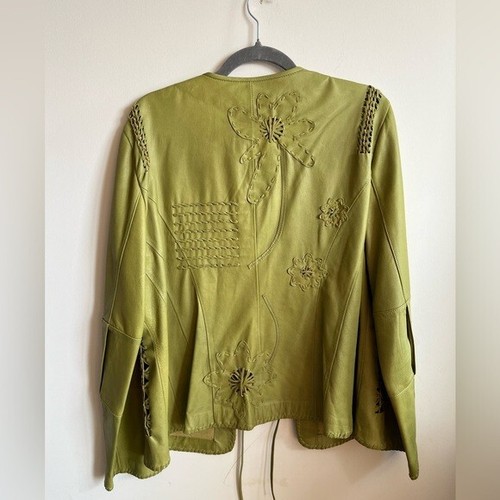 Anne Klein Green Butter Leather Floral embroidered Lace Tie-Front Jacket Size L - Picture 14 of 15