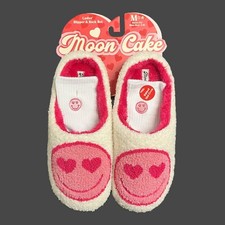 Moon Cake Pink Heart Smile Face Valentine Slippers with Socks - Size 7-8 Medium