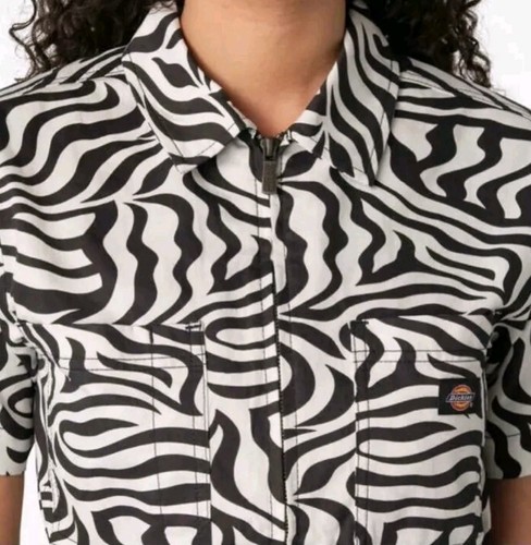 Dickies Women's Medium Romper Jumpsuit Short Sleeve Animal Zebra Print Blk White - Picture 19 of 20