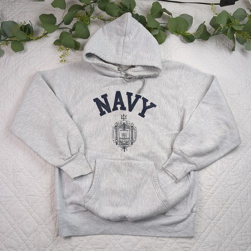 Pullover vintage grigio navy felpa con cappuccio gromets metallo tessuto professionale taglia M made in USA - Foto 1 di 9