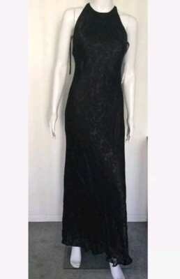 Premier Amour Lace Maxi Dress 16 Women Black Halter Neck Front Slit Mesh New