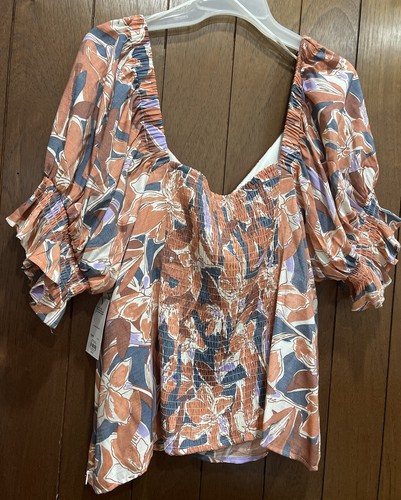 Nine West Blouse Womens Plus Size 2X Twist Front Puff Sleeve Top Brown Palm NWT - Picture 7 of 9