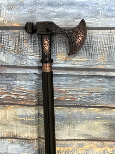 Antique Axe Viking Walking Stick Canes Red Wood Two Fold Unique Design Handle - Picture 2 of 3