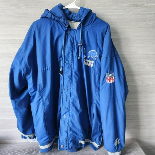 Vintage Starter NFL Detroit Lions Jacket L Blue Hooded 90s Retro Thrashed FLAWS - Picture 2 of 22