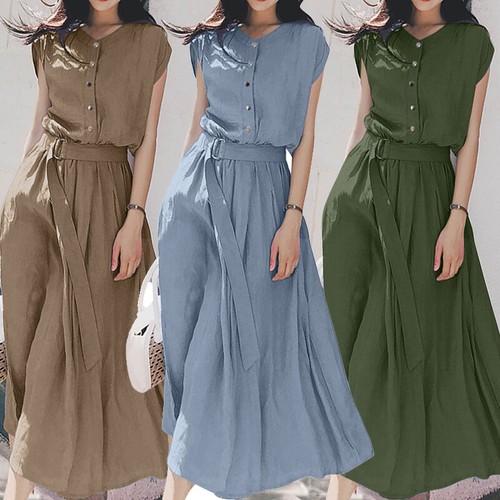 Summer Women Short Sleeve Crewneck Midi Dress Casual Loose Shirt Dresses Bleted - Picture 1 of 14