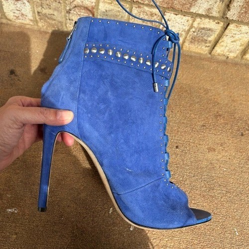 Brian Atwood Cobalt Blue Suede Leather Stiletto Peep Toe Lace Up Boots Size 10 - Picture 5 of 10