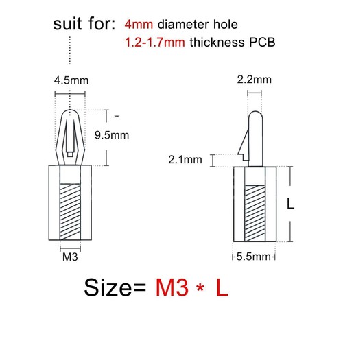 25pcs M3 Hex Nylon Plastic Standoff Spacer Push Snap in Fixed PCB Board 4mm Hole - Afbeelding 5 van 9