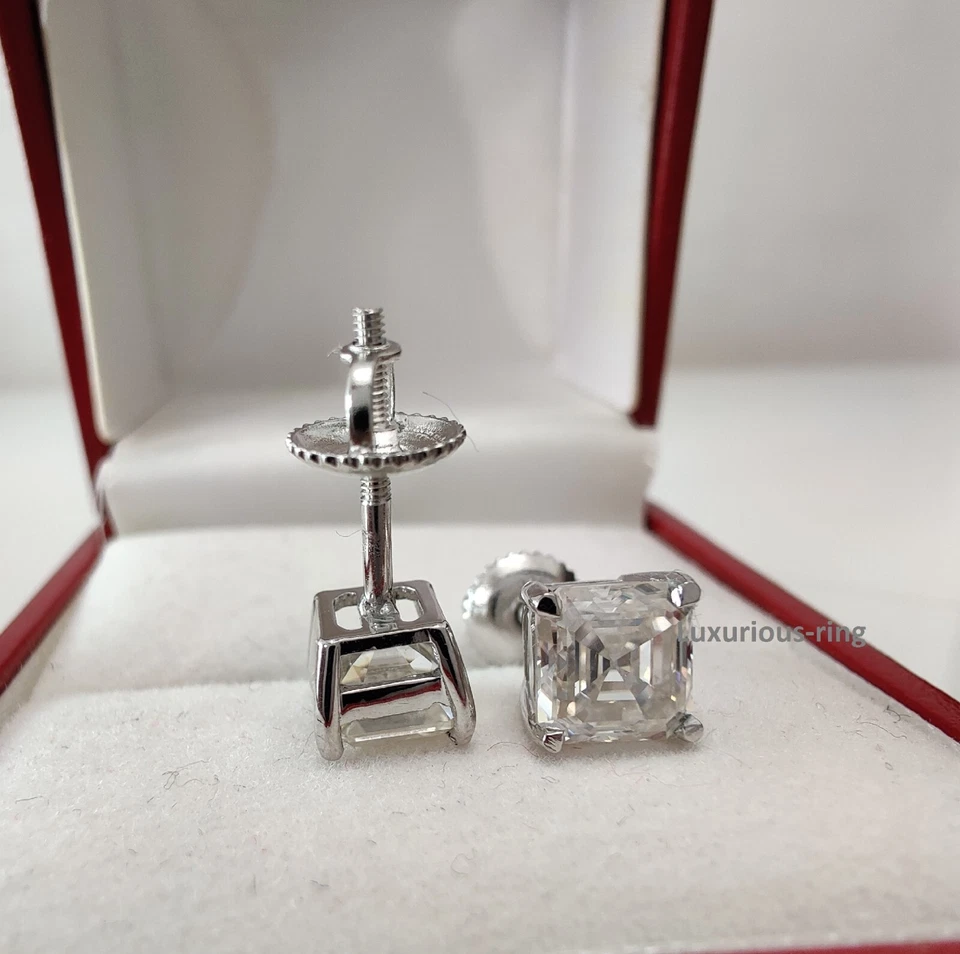 925 Silver Screw Back Earring 2Ct Asscher Cut White Moissanite Solitaire Earring - Image 3 of 4