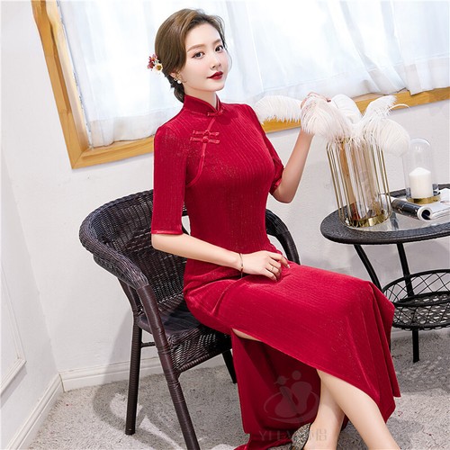 Vintage Women Velvet Dress Slim Long Cheongsam Half Sleeve Prom Qipao Party - Picture 4 of 15