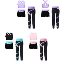 Kids Girls Sets Yoga Sportswear U Neck Crop Top With Shorts And Pants 3 Pieces