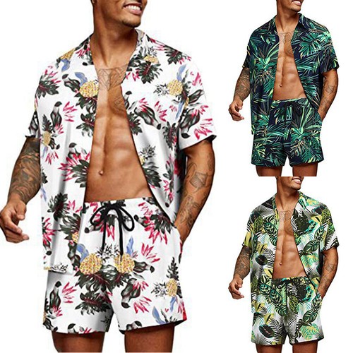 Mens Beach Outfit Short Sleeve Hawaii Summer T Shirts and Shorts 2-Piece Set US - Picture 6 of 19