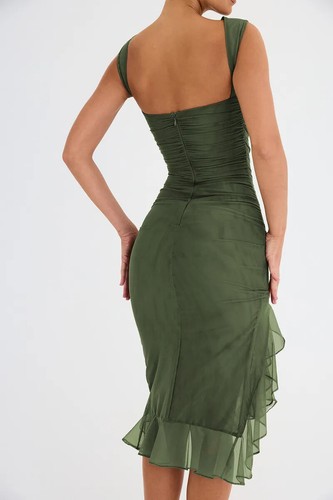 Elegantes Rüschen Midikleid für Damen Neu Rückenfrei Ärmellos Unregelmäßig Party - Bild 16 von 30