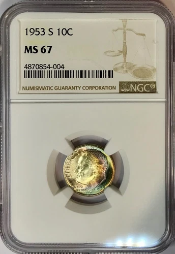 1953-S Roosevelt Silver Dime NGC MS67 Beautiful Baby Blue Rainbow Toned