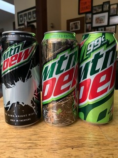 3 MOUNTAIN DEW SODA CANS DARK KNIGHT BATMAN TRUETIMBER CAMO 99 CENT 16 oz. cans
