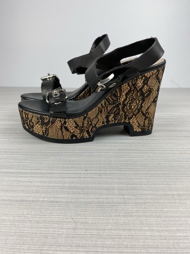 ZARA BASIC Size 7.5 Black Leather Lace Platform Sandal Heel Wedge Buckle - Picture 3 of 6
