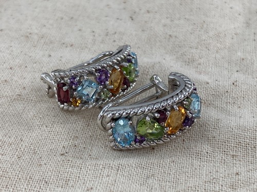 Sterling Silver Peridot Citrine Garnet Topaz Amethyst Multi Gem Omega Earrings - Picture 8 of 18