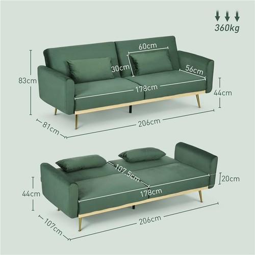 DIVANO LETTO 3 POSTI CLIC CLAC IN TESSUTO VELLUTO, 206X81X83 CM, VERDE - Foto 2 di 8