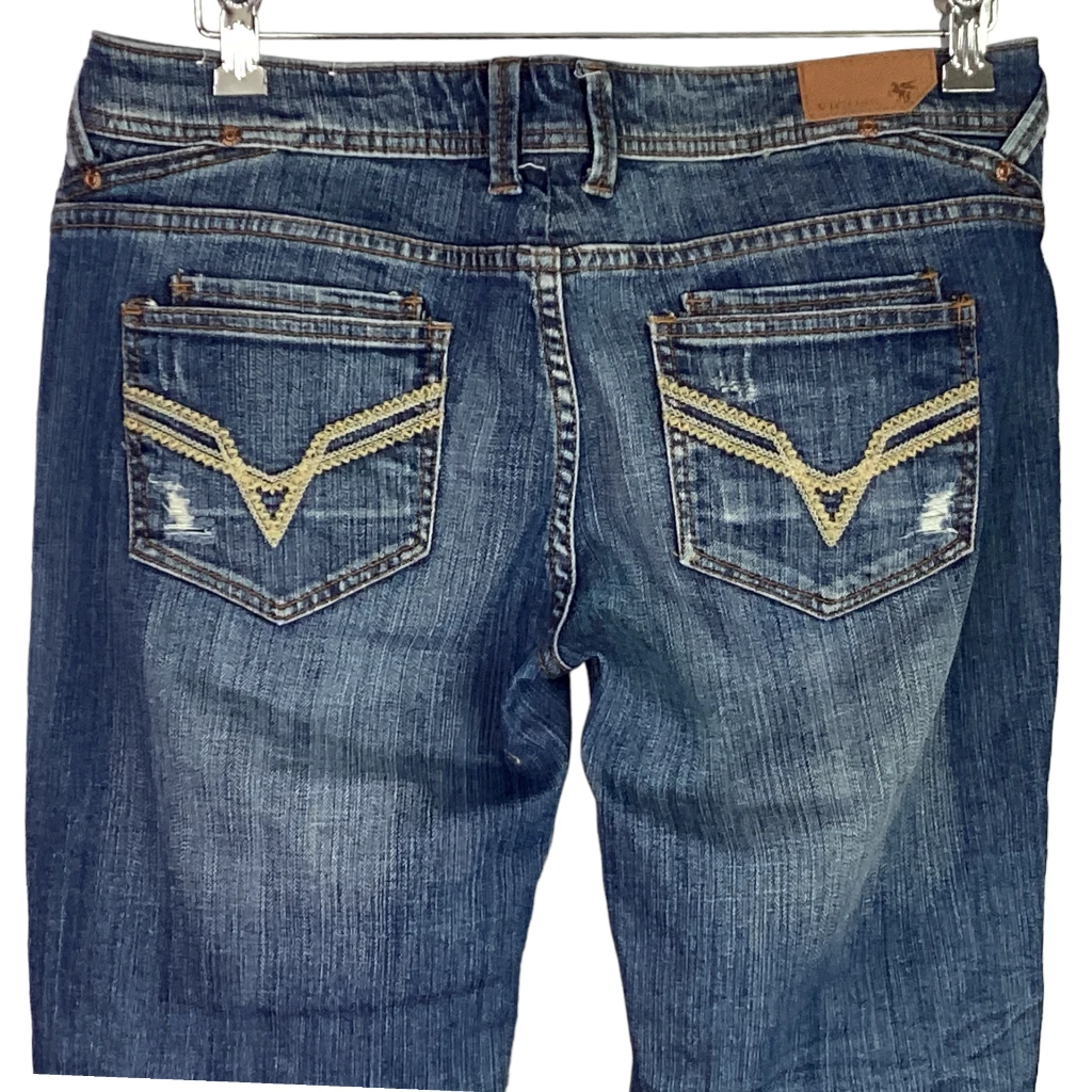 Vigoss Capri Jeans Women 11 JR Blue Stretch Creased Distressed Cuffed Cropped