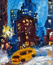 NYC Painting Yellow Taxi Original Art New York City Oil Impasto Cityscape 8 x 10