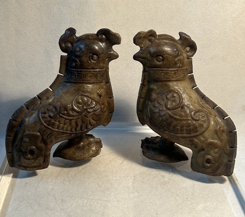 Antike Vintage chinesische geschnitzte Jade Phönix Fenghuang Vogel Figur 2er Set - Bild 14 von 18