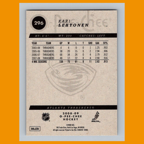 Kari Lehtonen #296 2008-09 O-Pee-Chee Atlanta Thrashers Hockey Card NHL - Picture 2 of 3