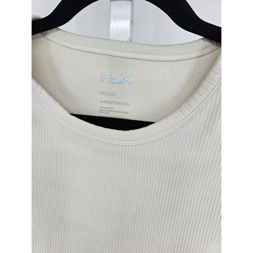 FLX Active Womens Sz S Short Sleeve Athletic T SHirt Cream Ribbed Fitted Top - Picture 2 of 3