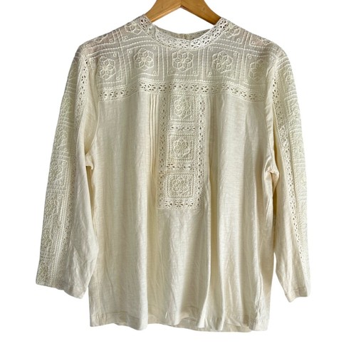 Lucky Brand Damen XL 100% Baumwolle Creme Boho Stickerei Häkel Bluse Top