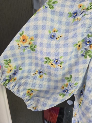 Newlook Blue & White Check Yellow Floral Crepe Stretch Long Summer Top Size 10 C - Picture 5 of 7