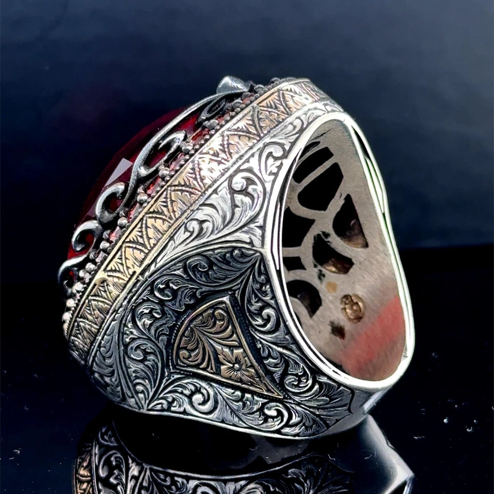 925 Sterling Silver Large Ruby Stone Ring, Ottoman Style Red Gemstone Men Ring - Image 4 of 4
