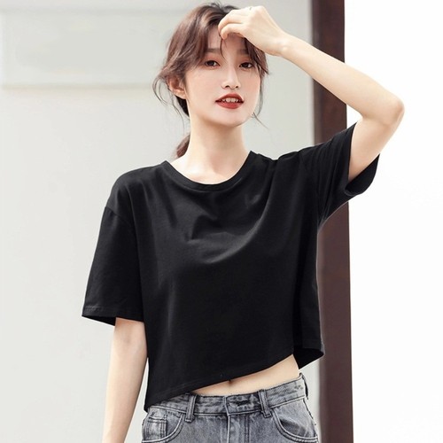 Streetwear Korean Short Tops U Neck Black White Crop Top Dance - Picture 8 of 14