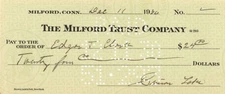 Milford Trust Company Check signed by Simon Lake - 1930-1933 dated Autograph - A