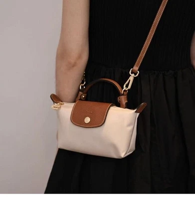 LONGCHAMP Mini Handbag Crossbody White & Brown Leather Trim Gold Hardware