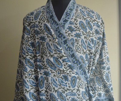Block Print Japanese Kimono 100% Cotton Dress 100% TARRIF FREE 0% CHARGE KM-36*