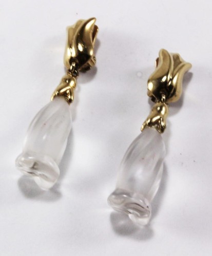 DAUM JASMINE FLOWER FROSTED GLASS CRYSTAL GOLD TONE CLIP-ON EARRINGS - Picture 3 of 7