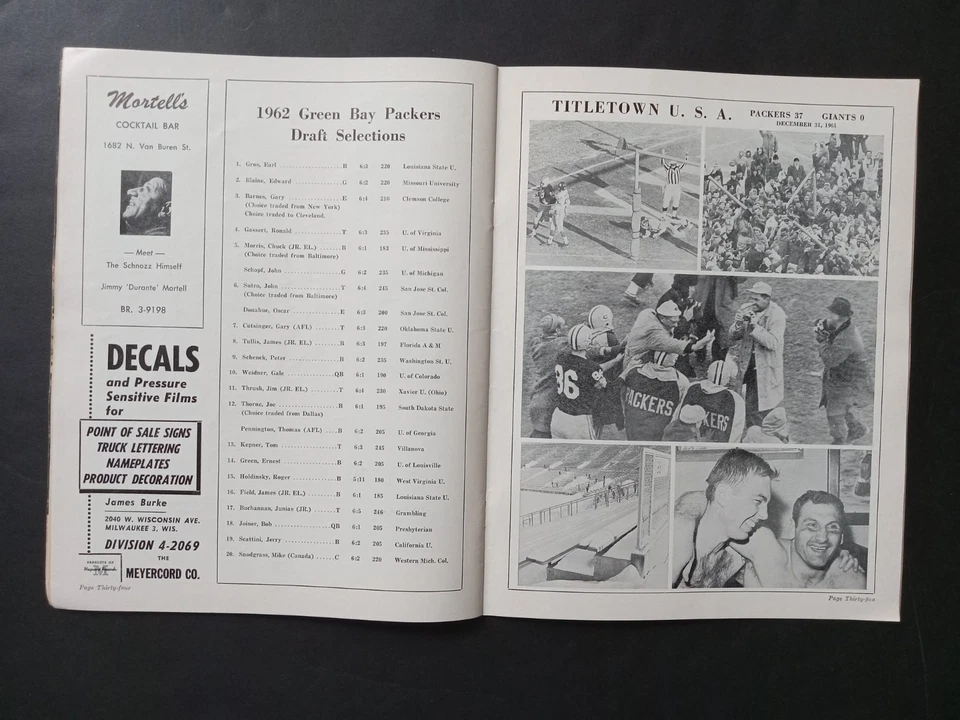 1962 Green Bay Packers vs St. Louis Cardinals VG-EX+ Lombardi Hornung Starr..... - Image 4 of 4