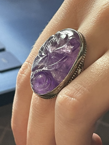 Vintage Hand Carved Amethyst Art Nouveau Silver Flower Ring Sterling 4.5 - Picture 11 of 13