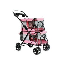 PP Small Dog Cat Stroller Travel Jogger Stroller Double Folding Carrier Pink A