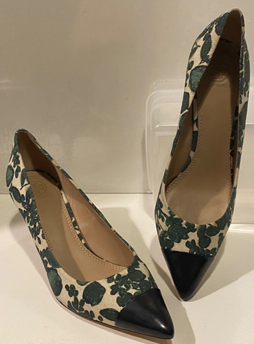 $378 Tory Burch Issy Floral Heel Pumps Cap Toe Green Cream 65mm Leather 9.5M - Picture 19 of 19