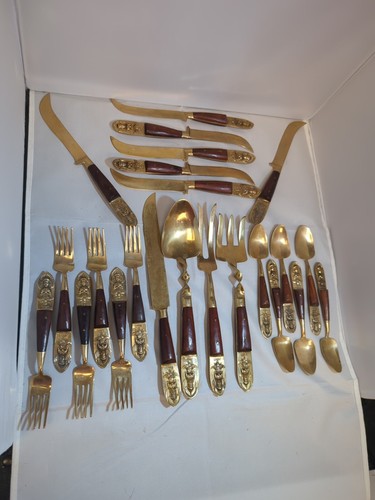 Vintage Siam 22 pc Bronze and Wood Flatware and Serving Set - Picture 2 of 10