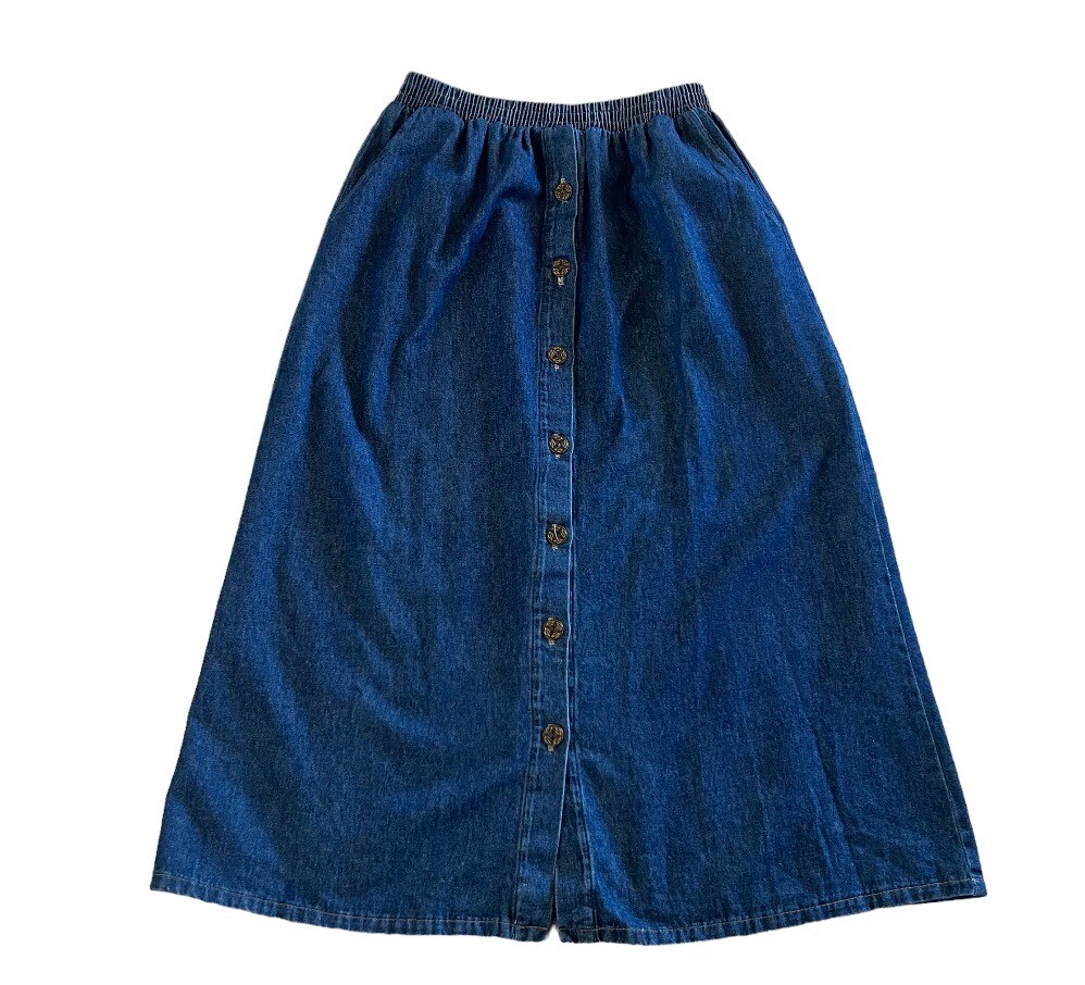 Teddi Full Denim Skirt Button Front Maxi Modest 80s Elastic Waist Pockets VTG XL