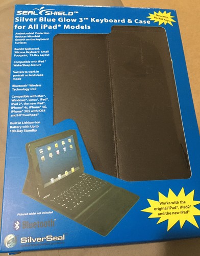 SEAL SHIELD SILVER BLUE GLOW BLUETOOTH KEYBOARD W/LUXURY CASE FOR iPad/New iPad~ - Picture 1 of 2