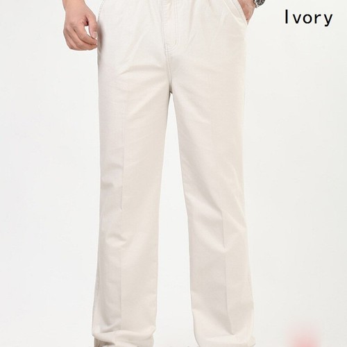 Men Cotton Pants Straight Leg Elastic Waist Zip Formal Dress Trousers Casual New - Picture 7 of 19