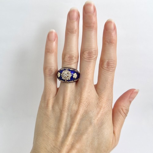 Vintage 1950's Blue Enamel Diamond Flower Cocktail Ring 14K Yellow Gold 11.15 Gr - Foto 2 di 8