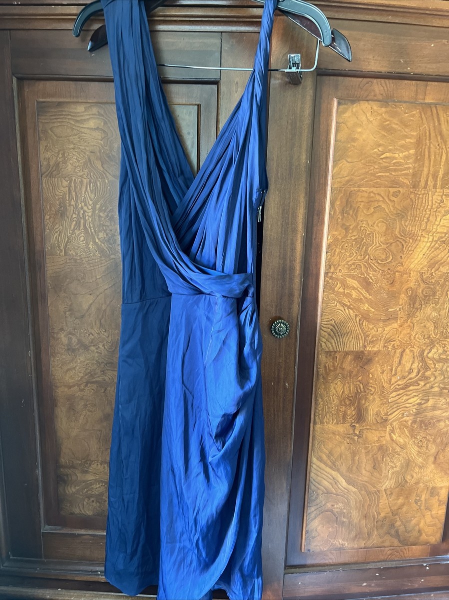 Reiss Zaria Drape Satin Dress Blue UK 14/US 10 Twist Shoulder V $345 | eBay
