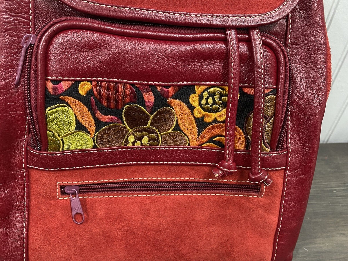 Boho Embroidered Floral Convertible Backpack Purse Canvas & Faux Leather Boho Floral Embroidered Canvas Backpack-women main image 3