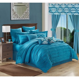 Comforter Set Sheet Pillows Curtains King 24pcs Teal Wh Microfiber