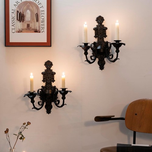 Set of 2 Rustic Black Candle Sconces - Elegant Iron Wall Decor for Home - Picture 4 of 10