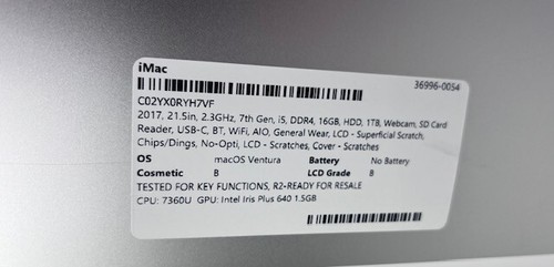 Apple iMac 21.5" 2017 i5-7360U 2.3GHz 16GB DDR4 1TB HDD Ventura Grade B - Picture 12 of 12
