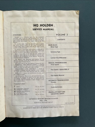 HQ Holden Service Manual Volume 3 Original Condition Transmissions, Axles Etc - Picture 2 of 6